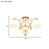 Simplicity Cream Glass Dining Room Ceiling Light With Gold Crystal Semi Flush - 4 Heads