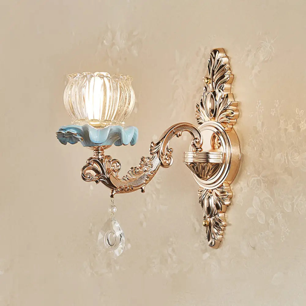 Simplicity Cream Glass Flower Wall Light With Gold Finish And Crystal Draping 1 / B