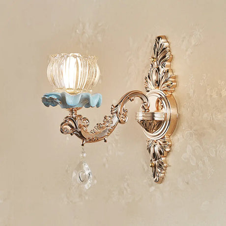 Simplicity Cream Glass Flower Wall Light With Gold Finish And Crystal Draping 1 / B
