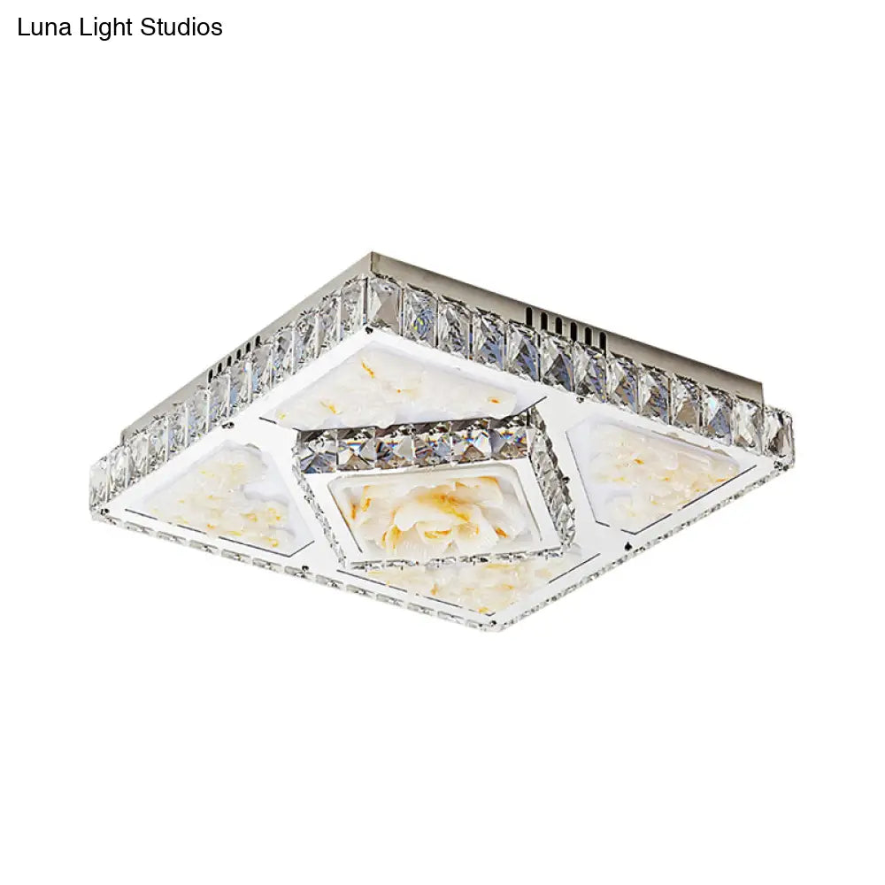 Simplicity Flushmount With Jade Lotus Design In Chrome - Square Bedroom Ceiling Led Crystal Flush