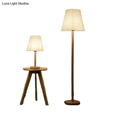Simplicity Geometric Floor Lamp - 1-Light Study Room Standing Lighting In Wood With Fabric Shade