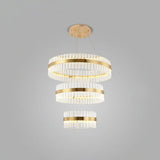 Simplicity Gold Ring Chandelier With Clear Crystal Led Pendant Light For Living Room / 3 Tiers