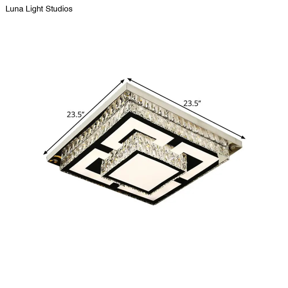 Simplicity Led Flush Mount Nickel Ceiling Light With Crystal Block Shade