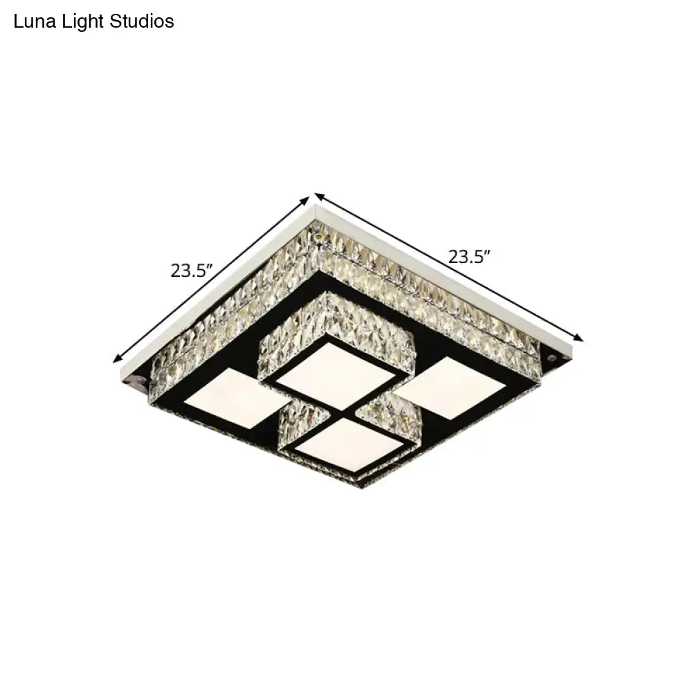 Simplicity Led Flush Mount Nickel Ceiling Light With Crystal Block Shade