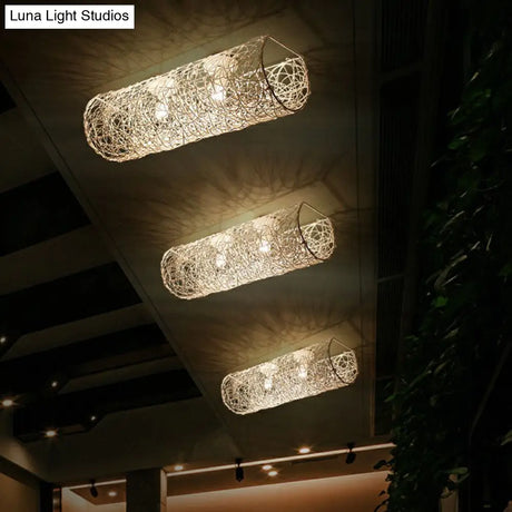 Simplicity Rattan Flush Mount Ceiling Light - Cylindrical Restaurant Lighting