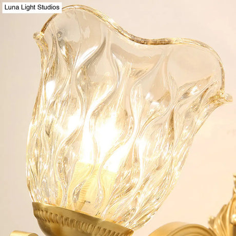 Simplicity Single Corridor Wall Light - Handblown Glass Scalloped Bell Lamp With Crystal Draping In