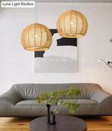 Simplicity Single Light Japanese Pendant Lamp With Double Rattan Shade - Beige/Coffee
