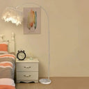 Simplicity White Drum Floor Lamp With Feather Accent Tray And Arc Arm