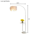 Simplicity White Drum Floor Lamp With Feather Accent Tray And Arc Arm