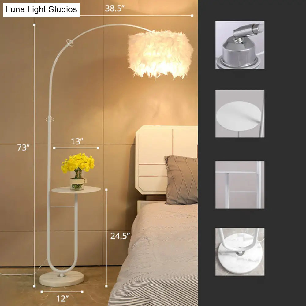 Simplicity White Drum Floor Lamp With Feather Accent Tray And Arc Arm