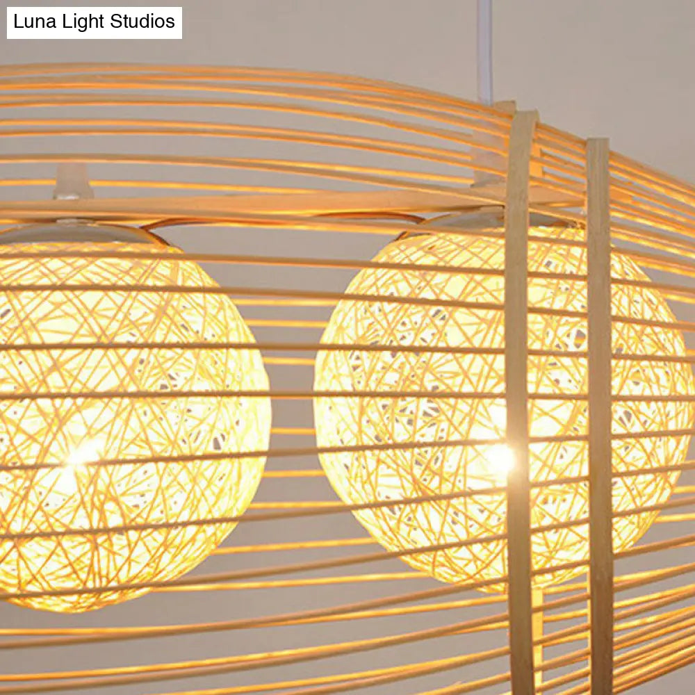Simplicity Wood Fish Chandelier: 2-Bulb Bamboo Pendant Light For Restaurants