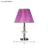 Single Bulb Purple Nightstand Lamp With Crystal Accent - Conical Fabric Light For Bedroom