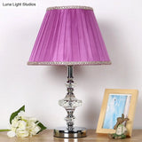 Single Bulb Purple Nightstand Lamp With Crystal Accent - Conical Fabric Light For Bedroom