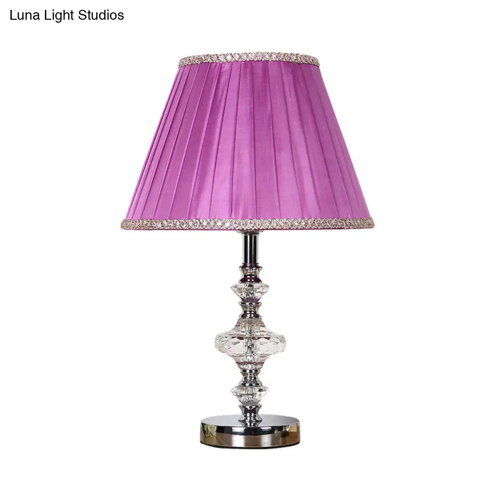 Single Bulb Purple Nightstand Lamp With Crystal Accent - Conical Fabric Light For Bedroom