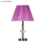 Single Bulb Purple Nightstand Lamp With Crystal Accent - Conical Fabric Light For Bedroom