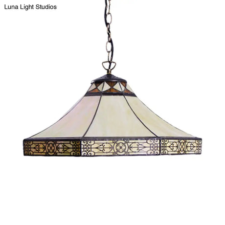 Single Bulb Stained Glass Tiffany-Style Cone Pendant Light In Beige For Living Room