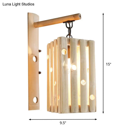 Single Head Asian Style Wood Wall Sconce With Hollow Design - Beige Living Room Lamp