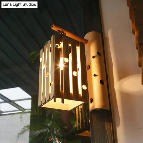 Single Head Asian Style Wood Wall Sconce With Hollow Design - Beige Living Room Lamp