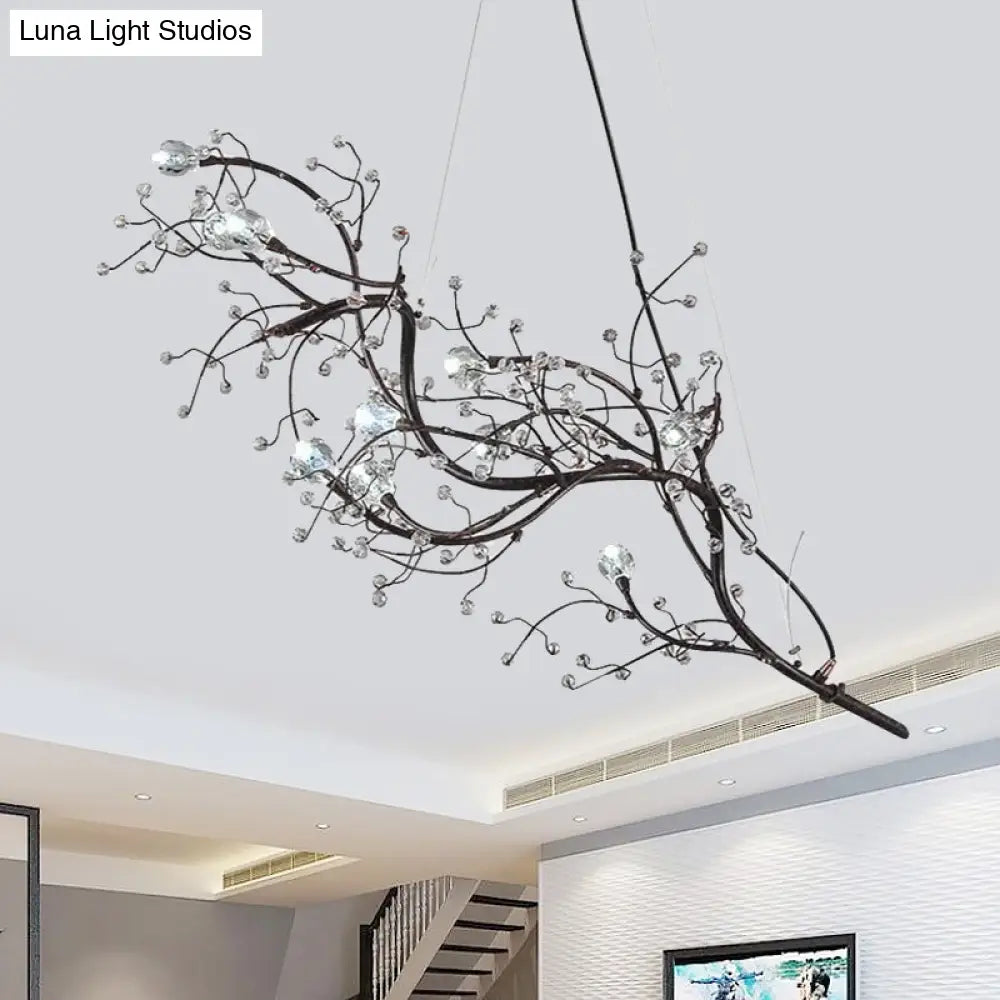 Situla - Metallic Thin Branch Chandelier With Crystal Bead 10 Lights Romantic Suspension Light For