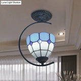 Sky Blue Tiffany Glass Semi Flushmount Ceiling Lamp - Bedroom Grid Dome Art Light