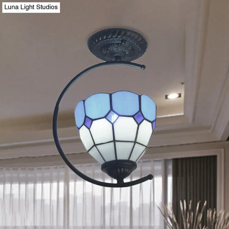 Sky Blue Tiffany Glass Semi Flushmount Ceiling Lamp - Bedroom Grid Dome Art Light
