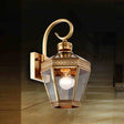 Sleek 1-Light Outdoor Brass Wall Sconce With Clear Glass Lantern Shade