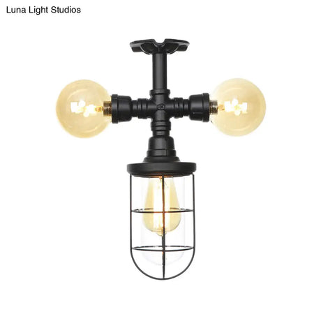 Sleek 3-Head Foyer Semi Flush Mount In Black With Clear Glass Ball/Capsule And Cage