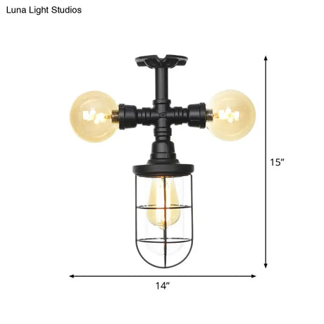 Sleek 3-Head Foyer Semi Flush Mount In Black With Clear Glass Ball/Capsule And Cage