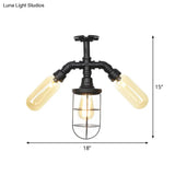 Sleek 3-Head Foyer Semi Flush Mount In Black With Clear Glass Ball/Capsule And Cage