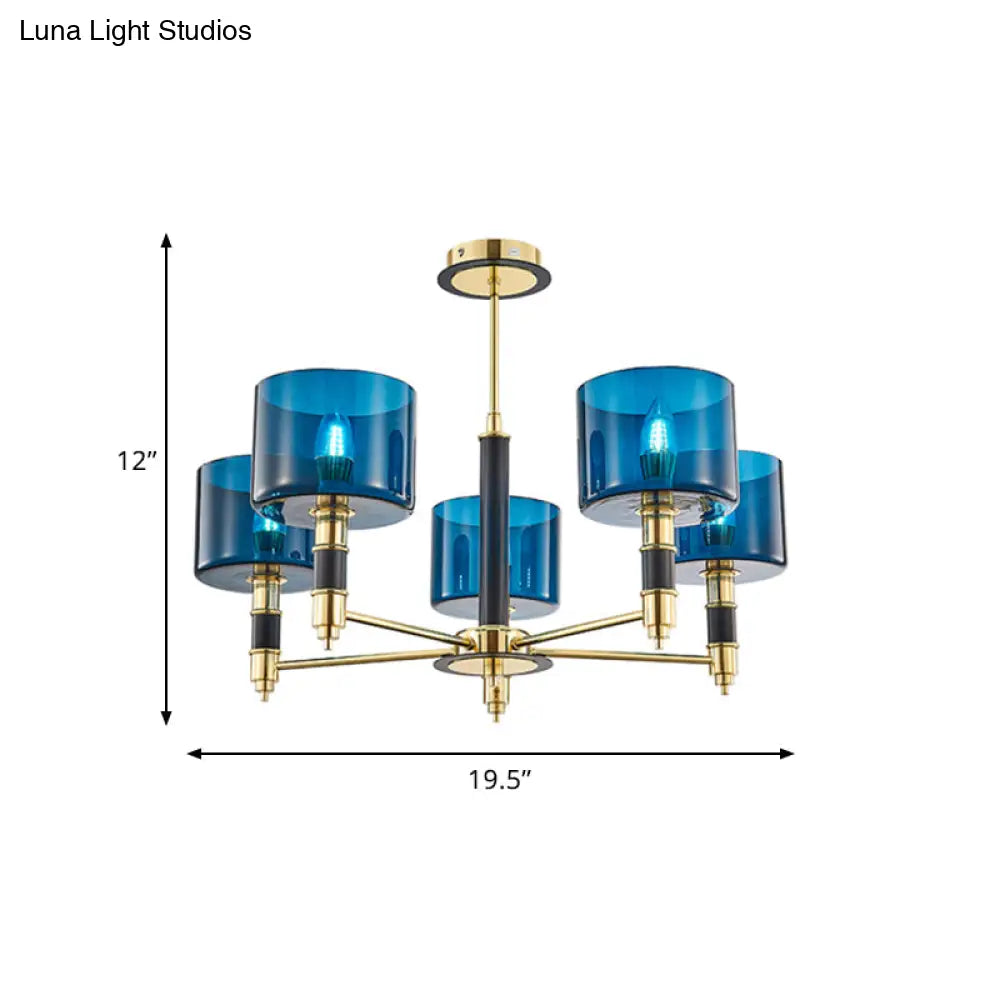 Sleek 5 - Headed Gold Ceiling Light With Blue Glass Shade For Living Room