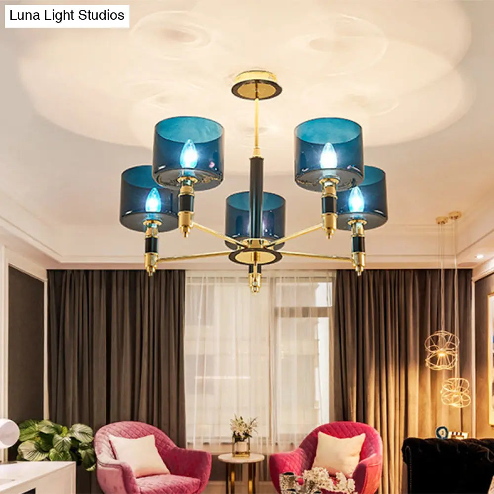 Sleek 5 - Headed Gold Ceiling Light With Blue Glass Shade For Living Room
