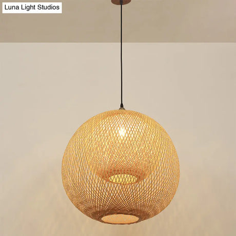 Sleek Bamboo Sphere Suspension Light - Minimalist 1Head Pendant Ceiling Lighting For Tea Room