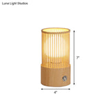 Sleek Beige Tubular Cage Desk Light: Minimalist Wood Table Lamp For Coffee Shops