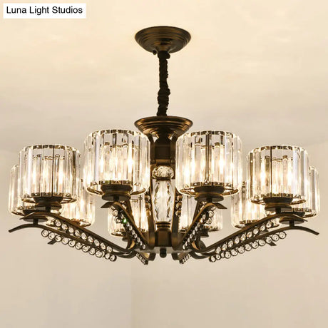 Sleek Black Cylindrical Chandelier With Tri-Sided Crystal Rods - Minimalist Hanging Light Fixture