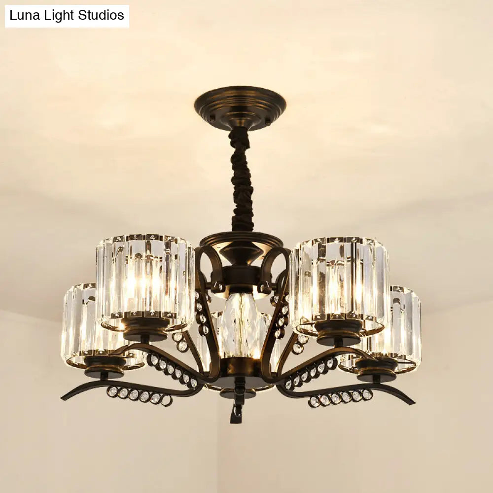Sleek Black Cylindrical Chandelier With Tri-Sided Crystal Rods - Minimalist Hanging Light Fixture