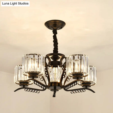 Sleek Black Cylindrical Chandelier With Tri-Sided Crystal Rods - Minimalist Hanging Light Fixture