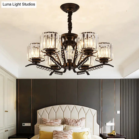 Sleek Black Cylindrical Chandelier With Tri-Sided Crystal Rods - Minimalist Hanging Light Fixture