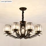 Sleek Black Cylindrical Chandelier With Tri-Sided Crystal Rods - Minimalist Hanging Light Fixture
