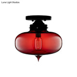 Sleek Black Industrial Semi Flush Light With Red/Brown/Amber Glass Oval Shade - Perfect For Dining
