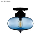 Sleek Black Industrial Semi Flush Light With Red/Brown/Amber Glass Oval Shade - Perfect For Dining