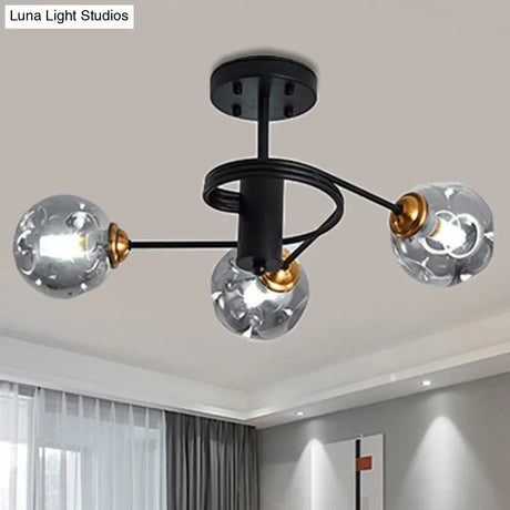 Sleek Black Modernist Semi-Flush Ceiling Light With Amber/Smoke Dimpled Glass Shades - Perfect For