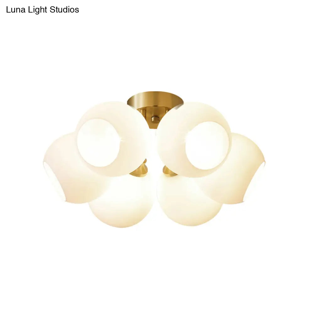 Sleek Brass Domed Semi Flush Mount Ceiling Lamp With Cream Glass - Stylish Bedroom Lighting