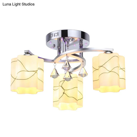 Sleek Chrome Ceiling Flush Mount With Frosted Glass Scalloped Semi Design & Crystal Drop - 3/5 Bulbs