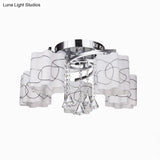 Sleek Chrome Ceiling Flush Mount With Frosted Glass Scalloped Semi Design & Crystal Drop - 3/5 Bulbs