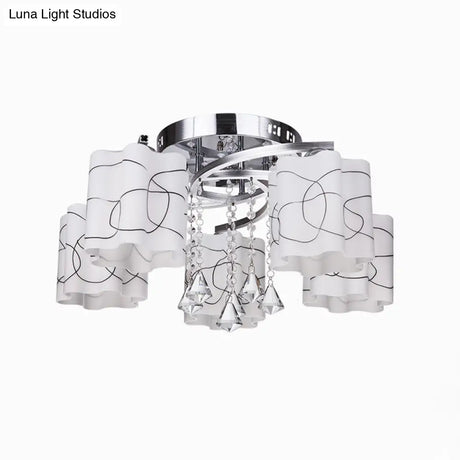 Sleek Chrome Ceiling Flush Mount With Frosted Glass Scalloped Semi Design & Crystal Drop - 3/5 Bulbs