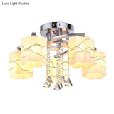 Sleek Chrome Ceiling Flush Mount With Frosted Glass Scalloped Semi Design & Crystal Drop - 3/5 Bulbs