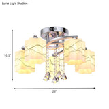 Sleek Chrome Ceiling Flush Mount With Frosted Glass Scalloped Semi Design & Crystal Drop - 3/5 Bulbs