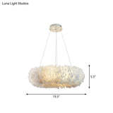 Sleek Circular Feather Suspension Pendant Light 19.5/27.5/31.5 Wide 8 Bulbs White Hanging Lamp