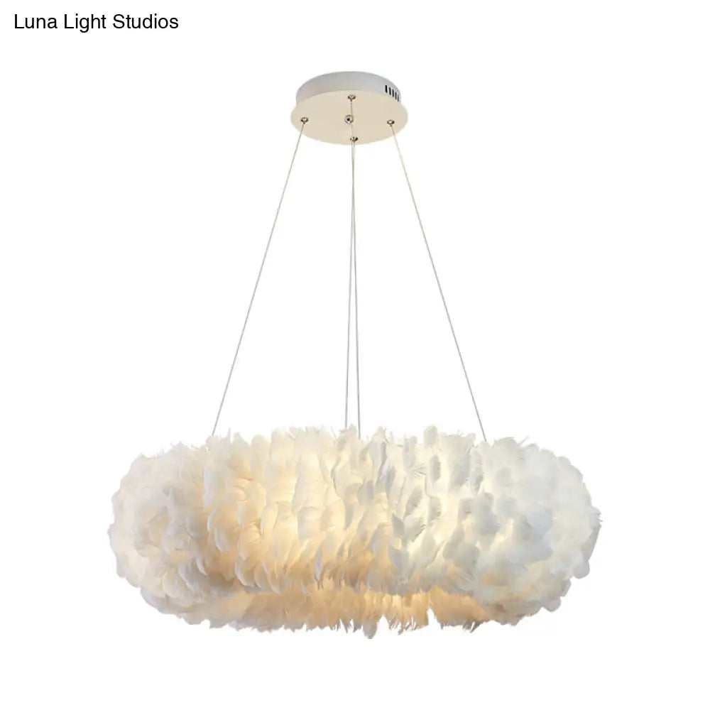 Sleek Circular Feather Suspension Pendant Light 19.5/27.5/31.5 Wide 8 Bulbs White Hanging Lamp