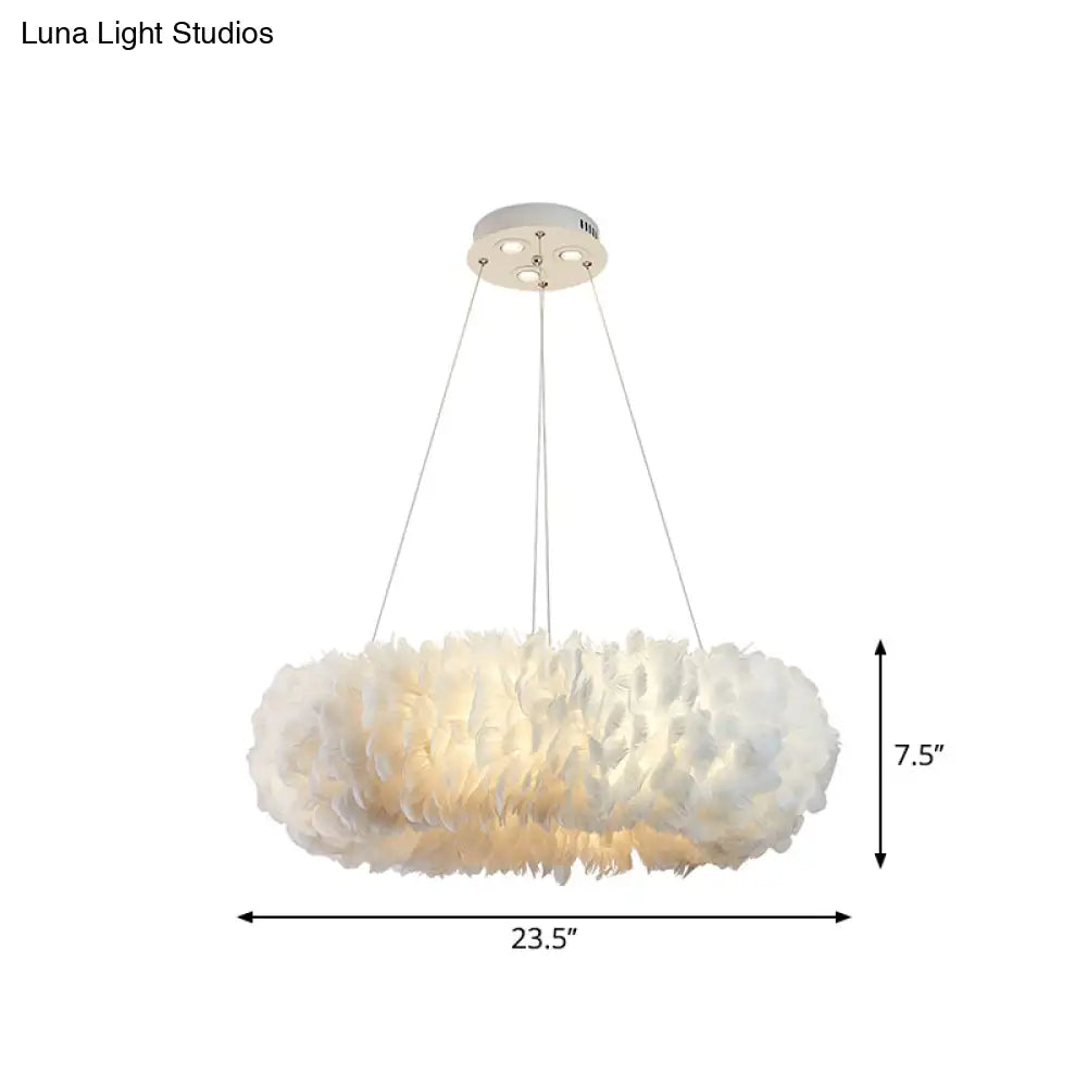Sleek Circular Feather Suspension Pendant Light 19.5/27.5/31.5 Wide 8 Bulbs White Hanging Lamp